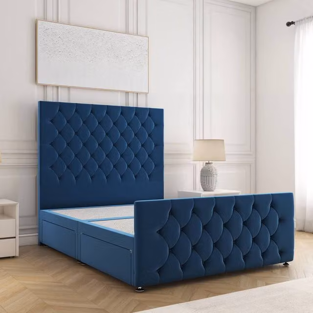 BSSPOKE Maya Blue Velvet Super King Divan Bed with 4 Drawers, Headboard and Footboard