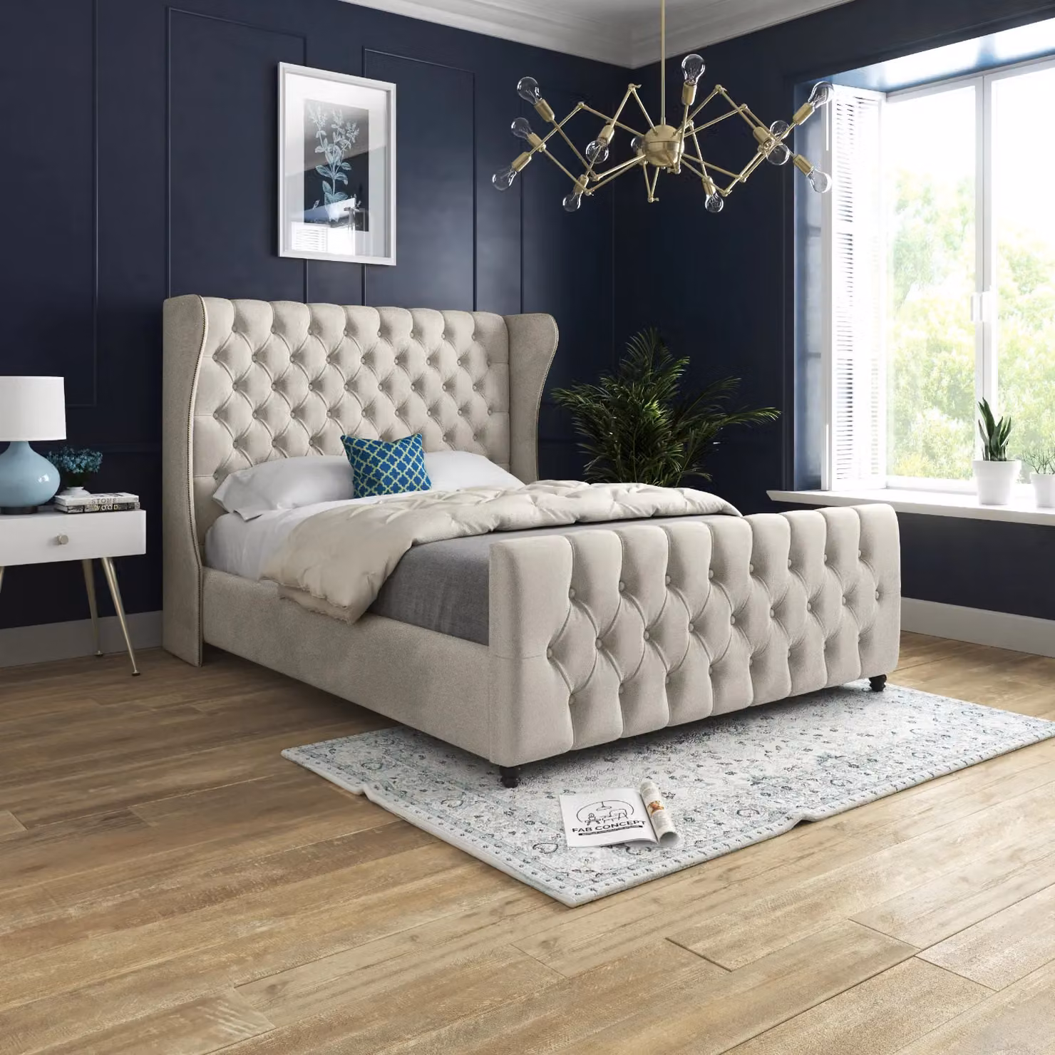 Casani Chesterfield Upholstered Velvet Bed Frame in Cream, Small Single – 2