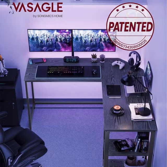 VASAGLE Industrial L-Shaped Corner Desk in Black with Metal Frame for Home Office