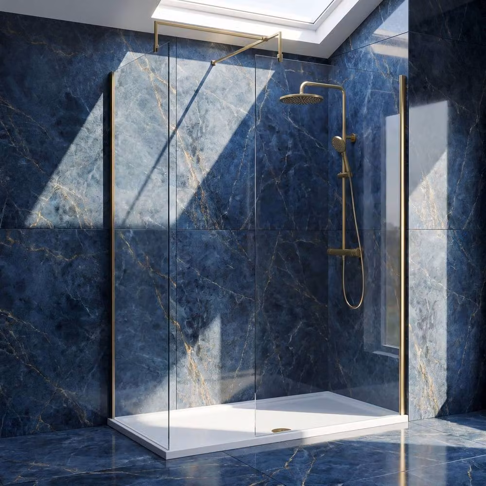 Balterley Walk-In Wetroom Bundle in Brushed Brass with Rectangular Tray and Fixed Glass Niche, W: 150 cm, D: 80 cm – 3