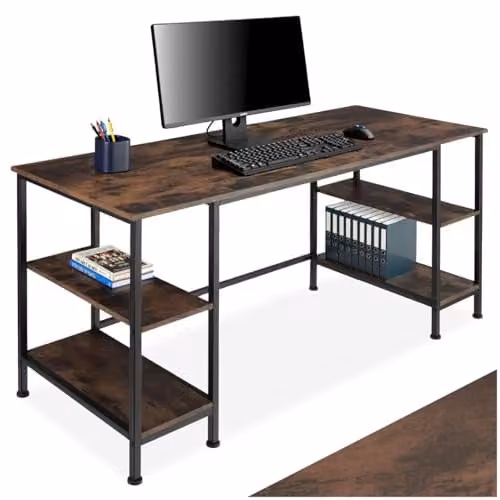 tectake Industrial Computer Desk with Storage Shelves in Brown, W: 137 cm, D: 55 cm, H: 75 cm