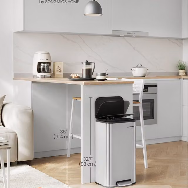 SONGMICS 30 L Stainless Steel Kitchen Pedal Bin with Soft-Close Lid and Removable Inner Bucket, Silver