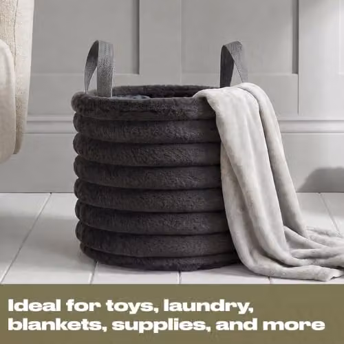 OHS Ribbed Faux Fur Storage Basket with Handles in Grey, W/D/H: 26.0 x 26.0 x 30.0 cm – 2