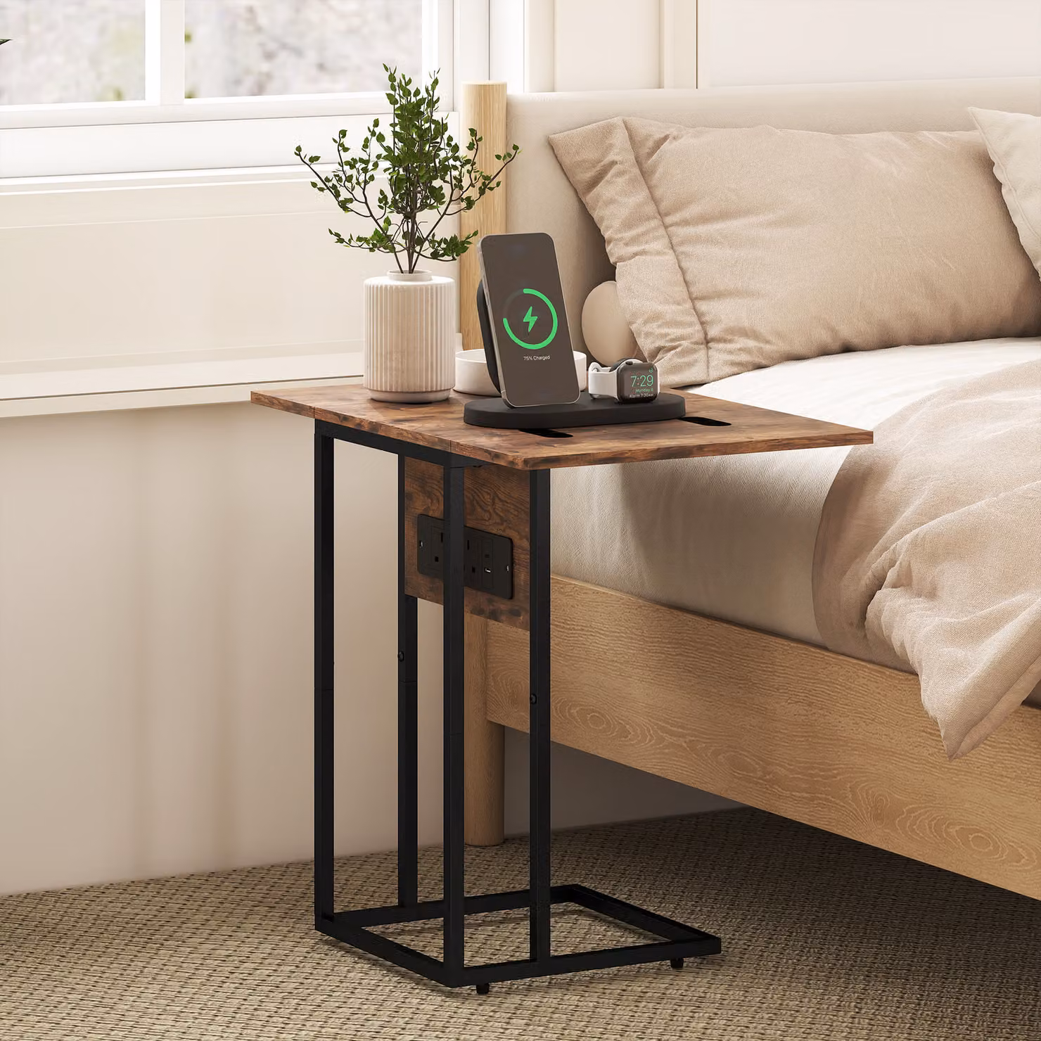 HOMCOM Compact Rustic Brown Table with Charging Station and Foldable Top – 7