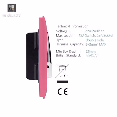 Trendi Switch Screwless Combination Cooker Switch and Single Plug Socket with Neon Indicator in Candy Pink – 2