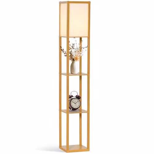 HOMCOM Modern 3-Tier Floor Lamp with Storage Shelves in Yellow and Wood – 1
