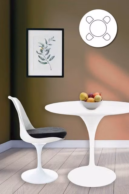 Fusion Living Tulip Dining Set with White Medium Circular Table and Four Black Chairs – 1