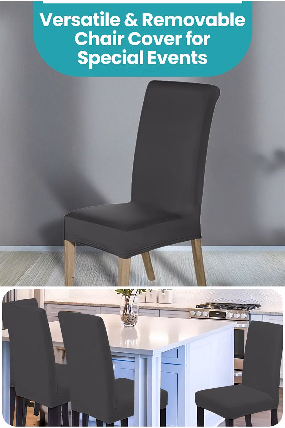 Neel Blue Universal Armless Dining Chair Protective Slipcover in Dark Grey with Spandex Stretch – 5