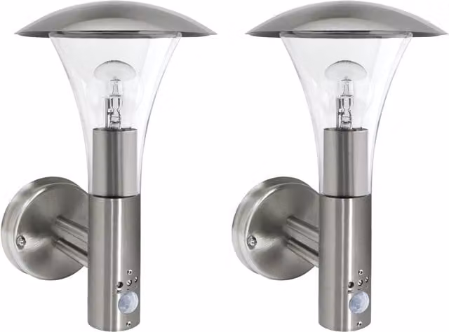 First Choice Lighting Set of 2 Halo Stainless Steel Outdoor IP44 Motion Sensor Wall Lights in Silver – 1