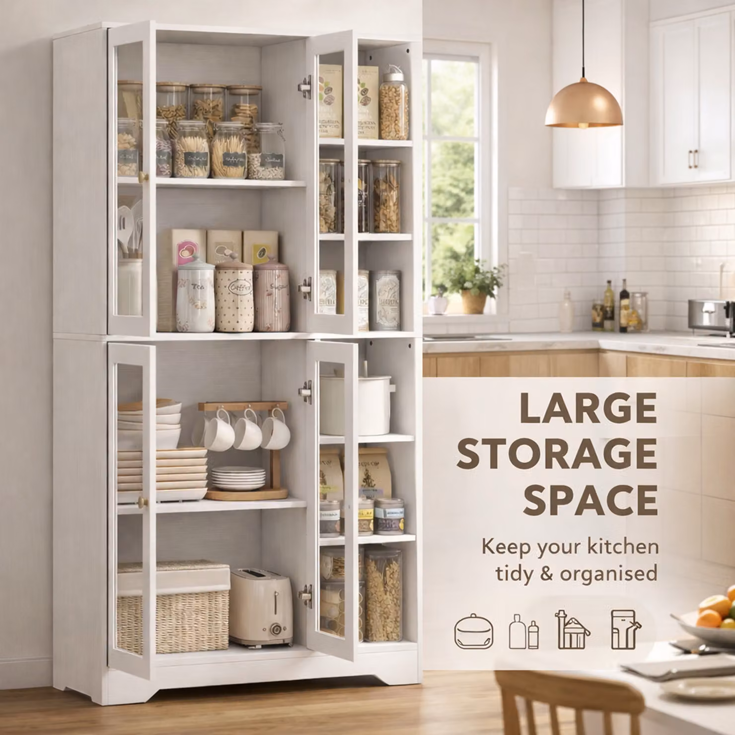 HOMCOM White Wood Effect Kitchen Base Unit with Glass Doors and Adjustable Internal Shelves – 3