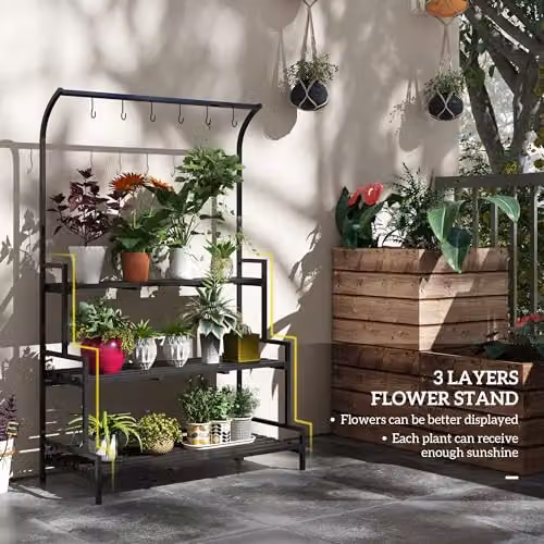 Outsunny 3 Tiered Plant Stand Ladder Shelf with Hanging Hooks in Black, H 170 x W 50 x D 50 cm – 3