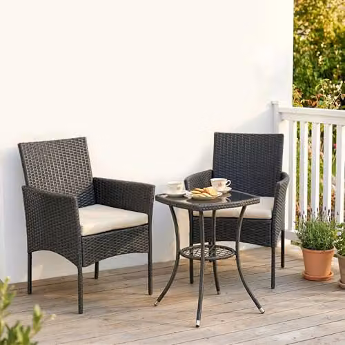 Outsunny 3 Piece Rattan Bistro Set with Upholstered Cushions and Glass-Top Coffee Table in Black and White – 8