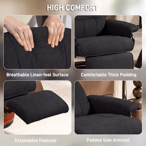 HOMCOM 360 Degree Swivel Manual Recliner Chair with Footstool and Armrests, Black Fabric – 6