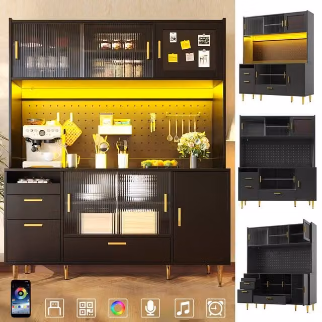 Rolipo Modern Black Matt Tall Living Room Cabinet with Integrated LED Lighting and Glass Doors – 1