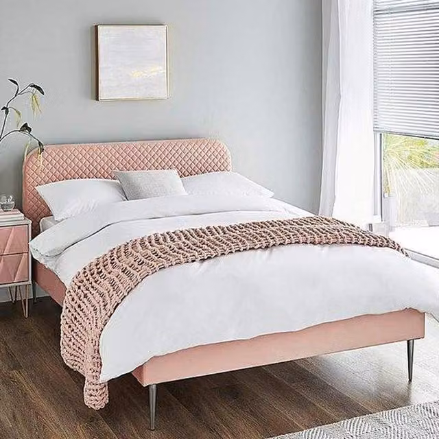 Arden Pink Velvet Upholstered Double Bed Frame with Geometric Quilted Design