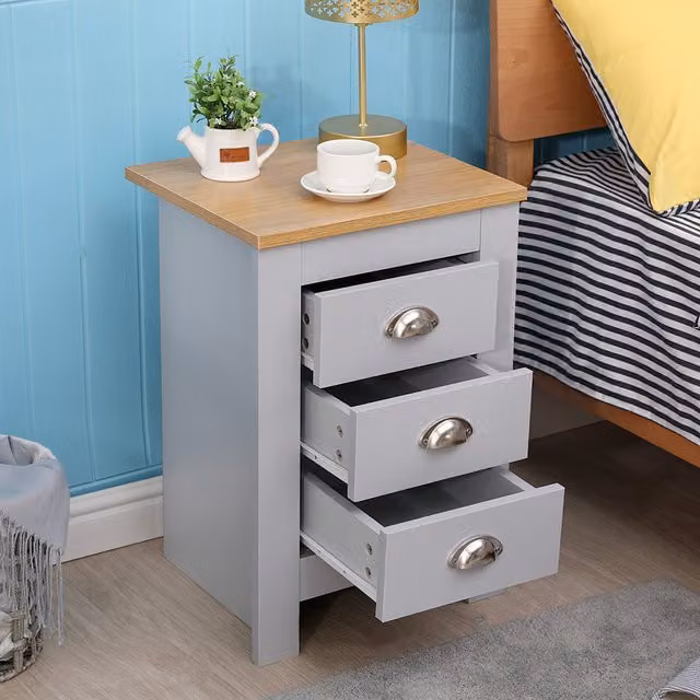 HMD Furniture 3 Drawer Grey Bedside Table Nightstand