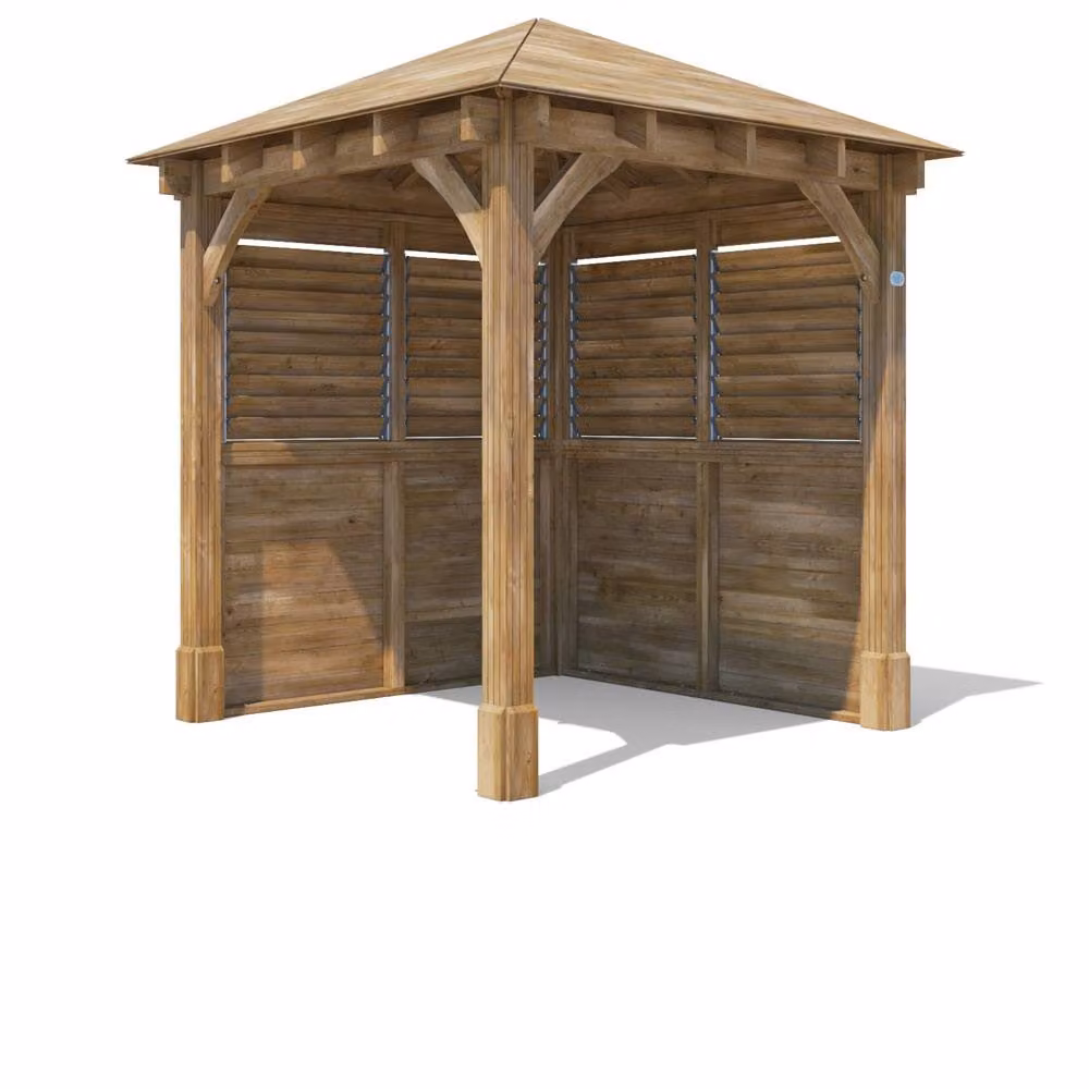 Dunster House Leviathan Wooden Gazebo Kit with Louvre Wall and Black Bitumen Roof Shingles, Brown – 4