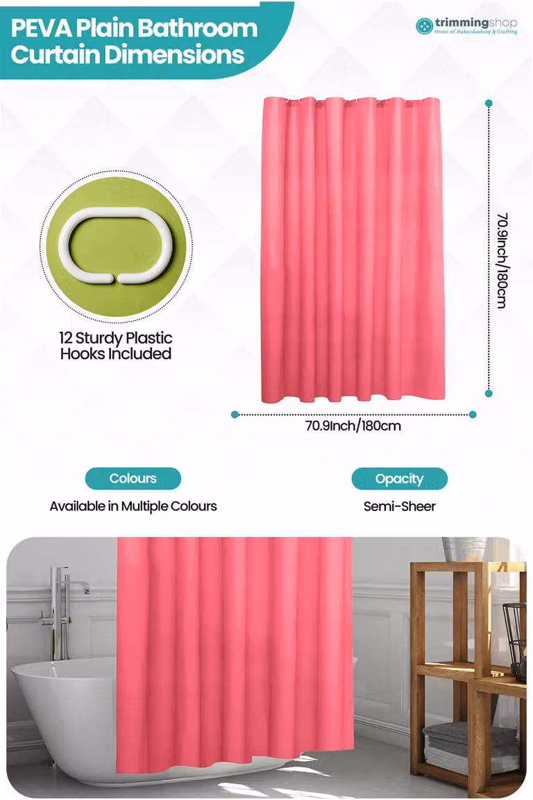 Neel Blue Pink PEVA Waterproof Shower Curtain with 12 Hooks, Mould and Mildew Resistant, W: 180 cm, H: 180 cm