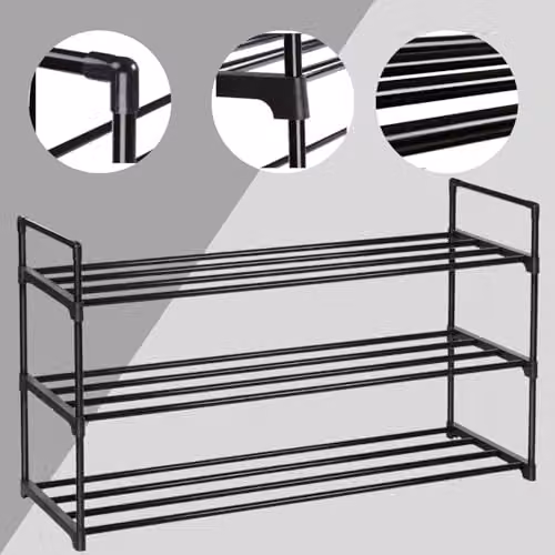 AMOS 3-Tier Stackable Shoe Rack in Black, Metal and Plastic Shoe Storage Organizer, W: 90 cm, D: 30.5 cm, H: 55 cm – 3