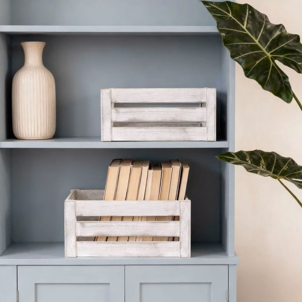 FLAVORA White Wash Wooden Home Storage Crate with Handles, Width: 50 cm – 3