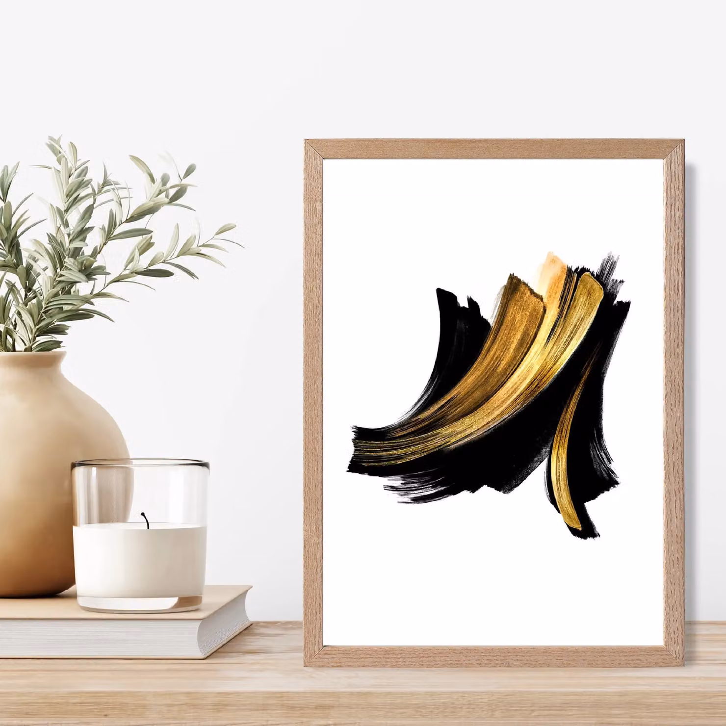ARTZE Abstract Black, Gold and White Paint Strokes Framed Print with Oak Frame, A3 – 2