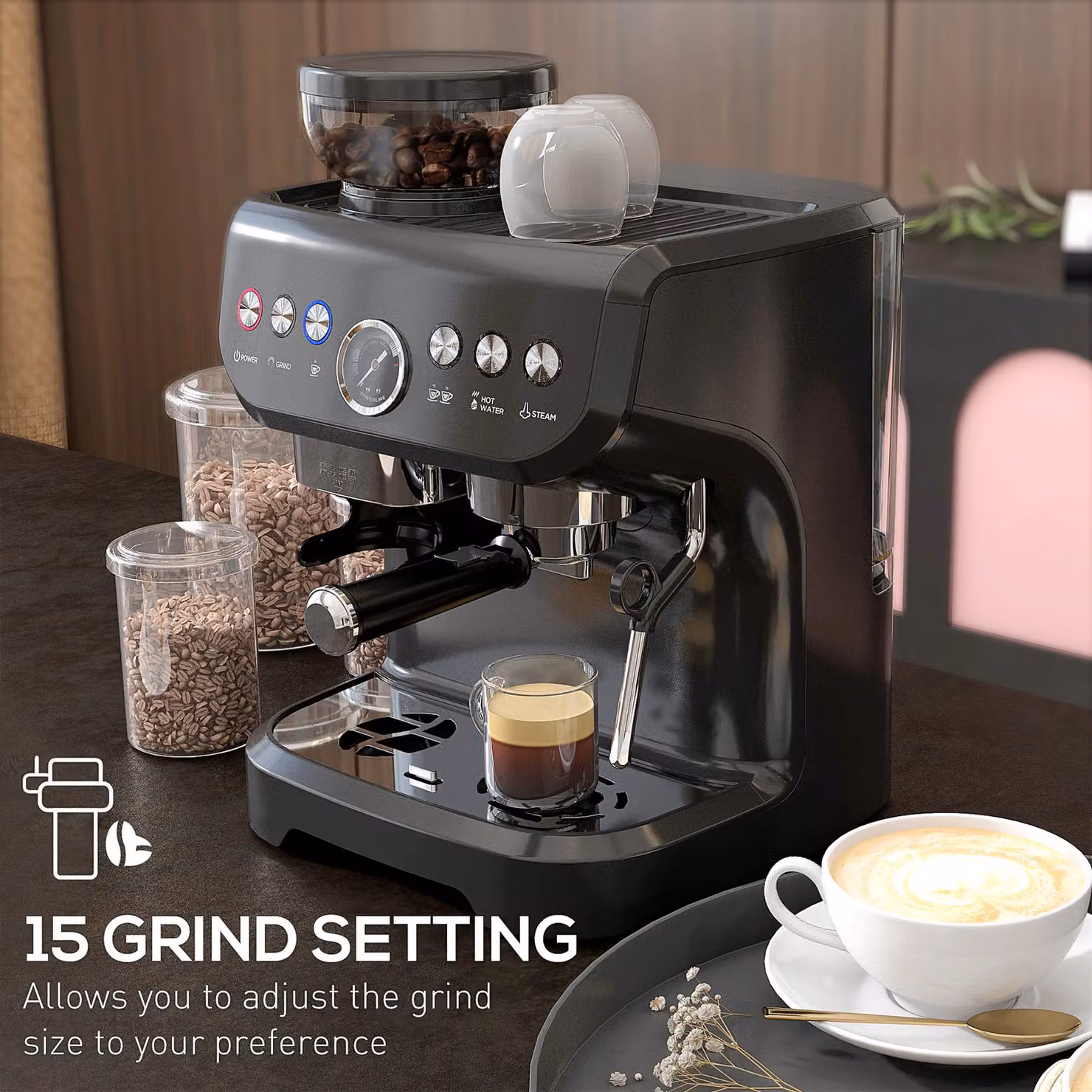 HOMCOM Espresso Machine with Bean Grinder and Steam Wand, 15 Bar Pressure, Silver and Black – 4