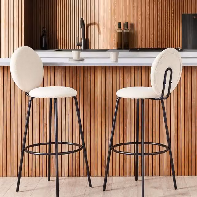 Wyld and Coco Pair of Light Beige Boucle Armless Bar Stools with Matt Black Metal Legs – 1