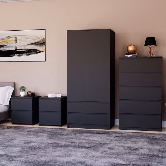 Vida Designs Denver 4 Piece Bedroom Set in Black Matt Finish including 2 Bedside Tables, 5 Drawer Chest and Wardrobe