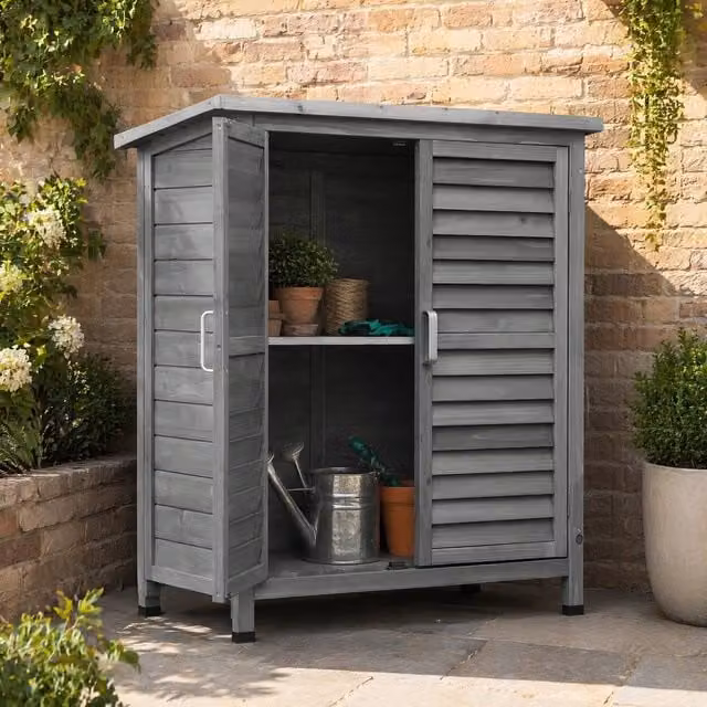 STILVORA Grey Lacquered Garden Storage Cabinet with Roll Shutter and Internal Shelves – 1