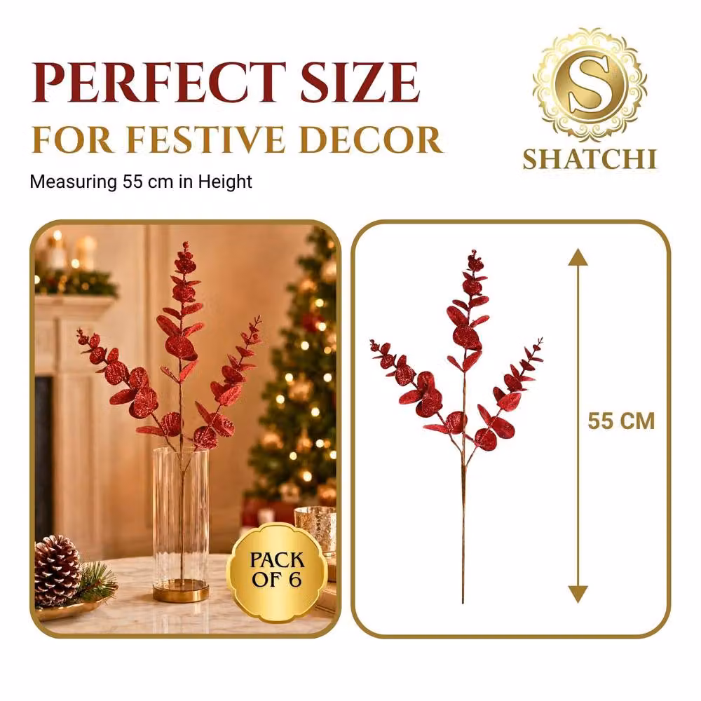 Shatchi Red Glitter Artificial Eucalyptus Christmas Tree Picks, 12 Pack, Height: 55 cm – 3