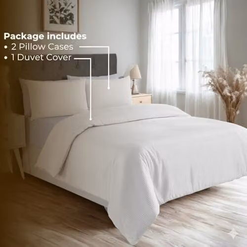 MHG Textiles White Single Striped Cotton-Rich Polycotton Duvet Cover and Pillowcase Set, W/D/H: 135 x 200 cm, Pillowcase: 50 x 75 cm – 2
