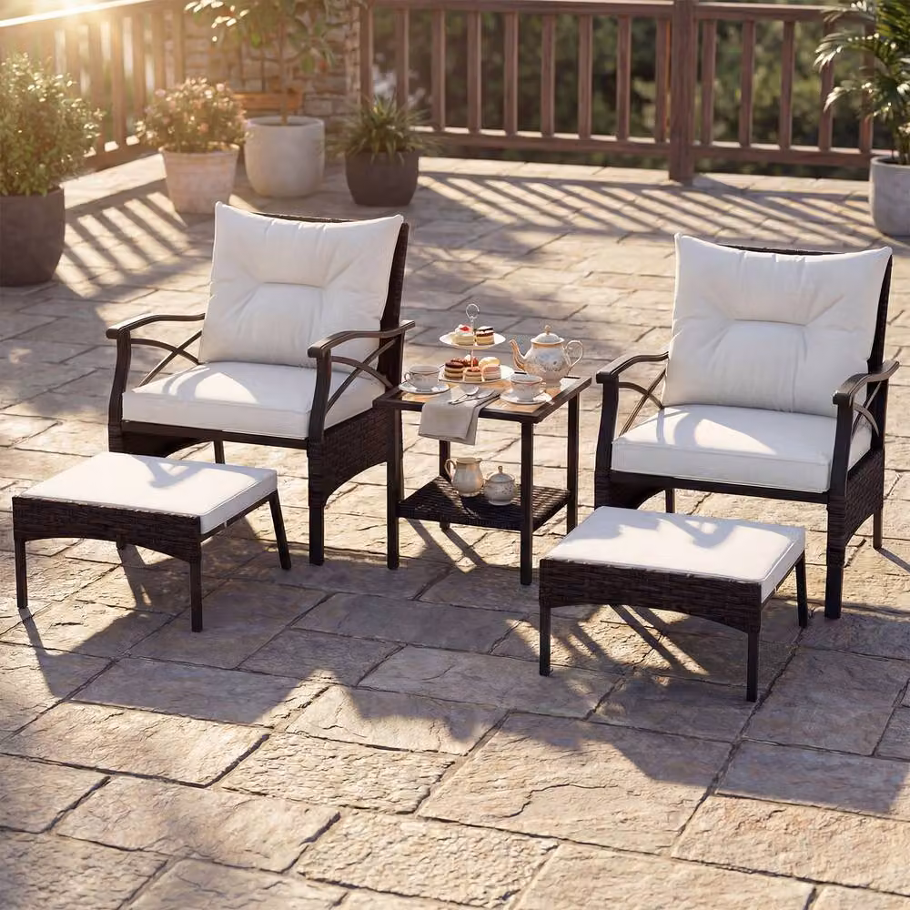 Gymax 5 Piece Dark Brown Polyrattan Patio Set with Armchairs, Coffee Table, Ottomans and Cushions – 3