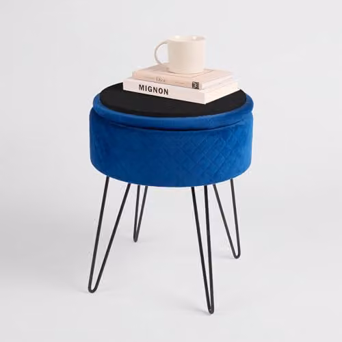 OHS Navy Blue Velvet Quilted Round Storage Ottoman Stool with Metal Hairpin Legs – 2