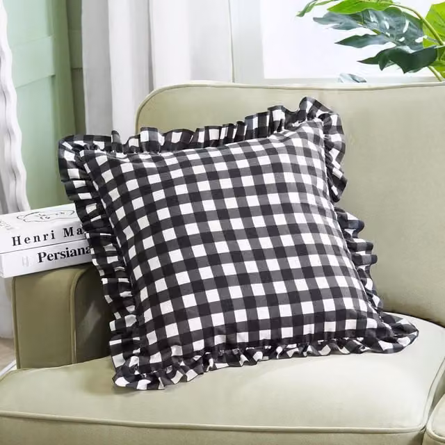 OHS Gingham Check Frill Cushion Covers in Monochrome