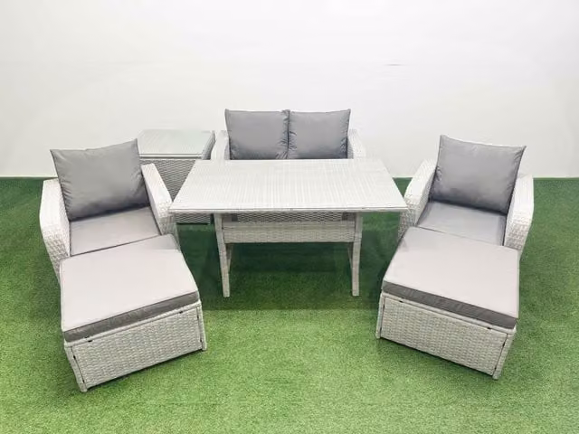 Fimous 6 Seater Light Grey PE Wicker Rattan Garden Furniture Set with Reclining Chairs, Rectangular Dining Table, 2 Stools and Side Table