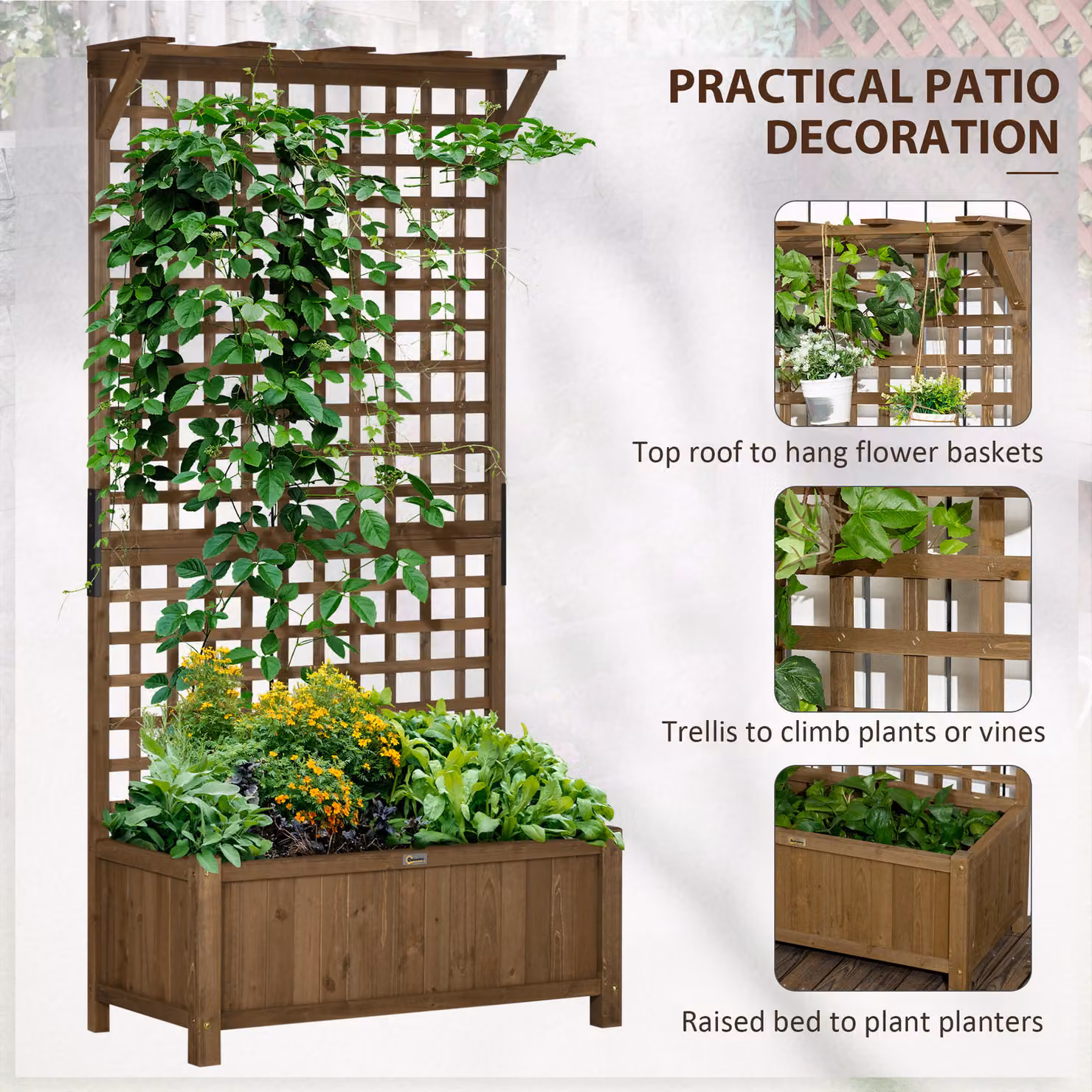 Outsunny 2 Piece Brown Wooden Raised Bed Set with Trellis and Drainage Holes for Vegetables and Flowers, W/D/H: 183 x 90 x 45 cm – 4