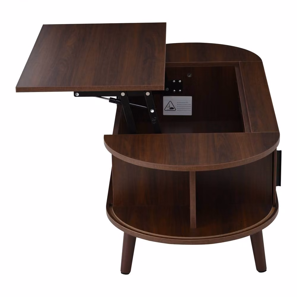 Merax Oval Lift Up Coffee Table with Hidden Storage and Slatted Sliding Doors in Brown Walnut Finish, W/D/H: 120 x 50 x 39.5 cm – 5