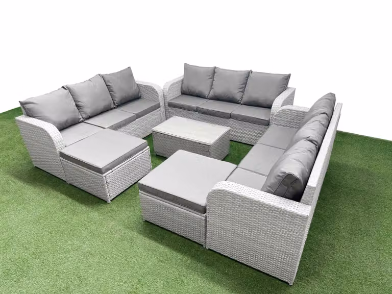 Fimous 11 Seater PE Rattan Outdoor Garden Furniture Set in Light Grey with 3 Seater Sofa, Rectangular Coffee Table and 2 Large Footstools