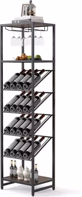 Gymax 7-Tier Freestanding Wine Rack and Liquor Storage Stand with Glass Holder in Brown