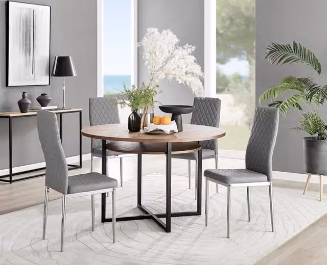 FurnitureboxUK Adley Brown Wood Round Dining Table with 4 Grey Milan Chrome Leg Chairs – 1