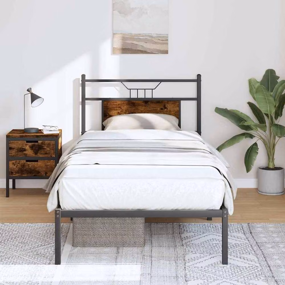 Berkfield Home Small Single Bed Frame in Smoked Oak and Metal, Brown, W/D/H: 75 x 190 cm – 2