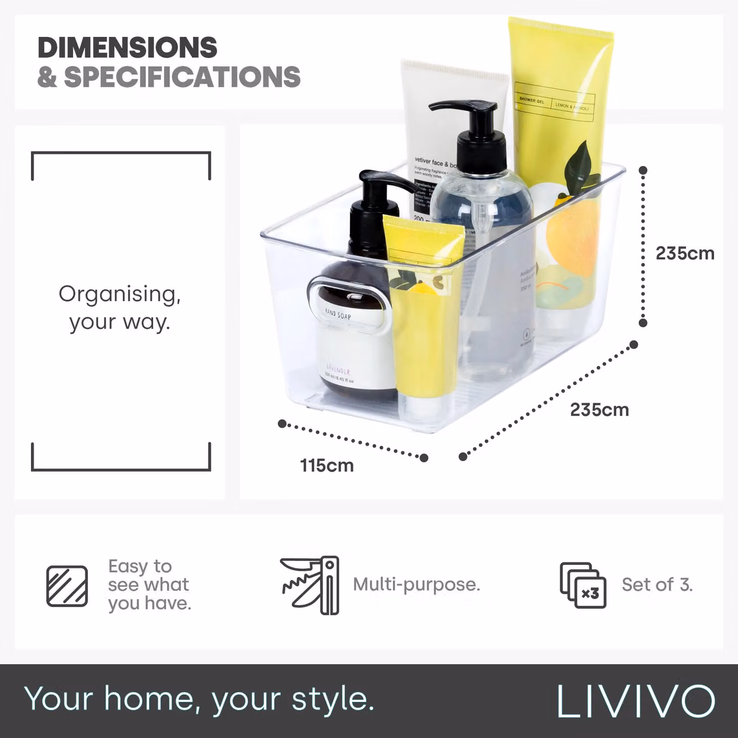 LIVIVO Set of 3 Transparent Plastic Stackable Storage Organisers, W: 23.3 cm x D: 13.3 cm x H: 11.5 cm – 3