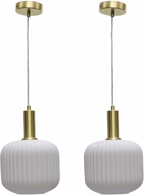 First Choice Lighting Bento Set of 2 Suspended Pendant Lights with White Ribbed Glass and Satin Brass Finish – 1