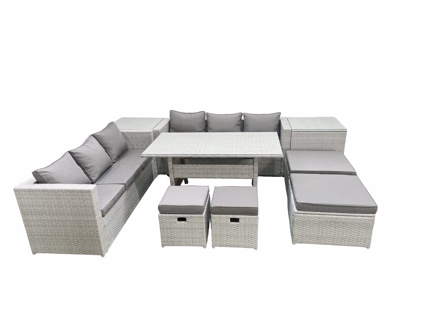 Fimous 10 Seater Rattan Garden Furniture Set with Glass Top Dining Table and 2 Side Tables in Light Grey – 2