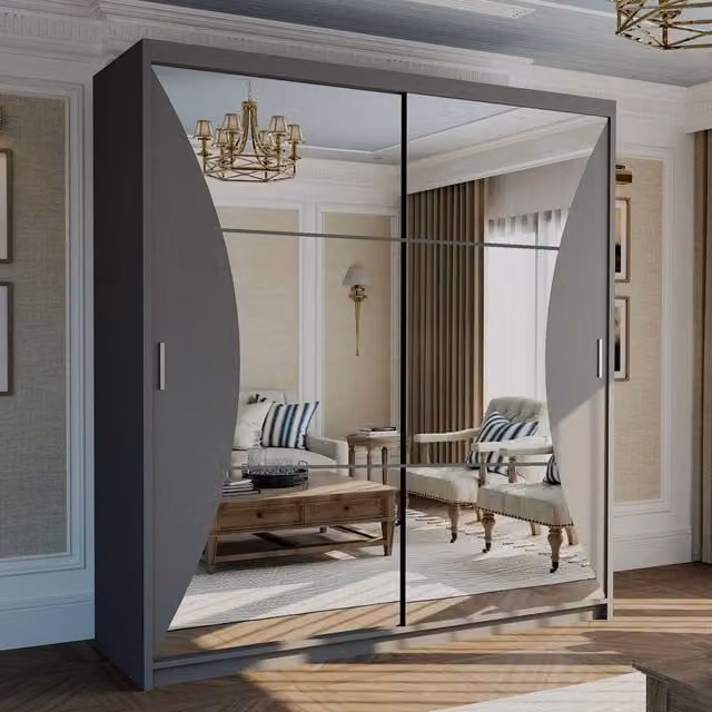 MN Furniture Canberra Grey Sliding Wardrobe with Mirror and Integrated LED Lighting W: 150 cm, H: 217 cm