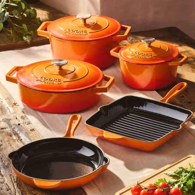 Cooks Professional 5 Piece Enamelled Cast Iron Casserole Dish, Frying Pan and Skillet Set in Orange – 2