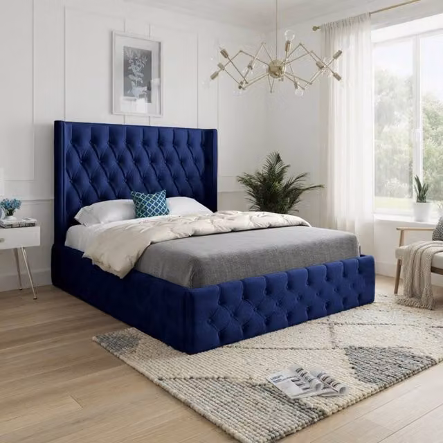 KDMD Winchcombe Winged Upholstered Designer Bed Frame in Blue Soft Velvet, Size: Super King, W/D/H: 200 x 200 x 189 cm – 1