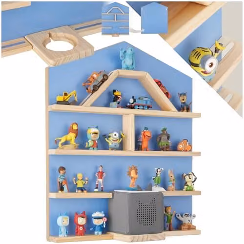 tectake 12 Floating Wooden Wall Shelves for Tonies in Blue House, Toy Storage Unit for Children's Bedroom and Playroom with Magnetic Strips and Rounded Corners