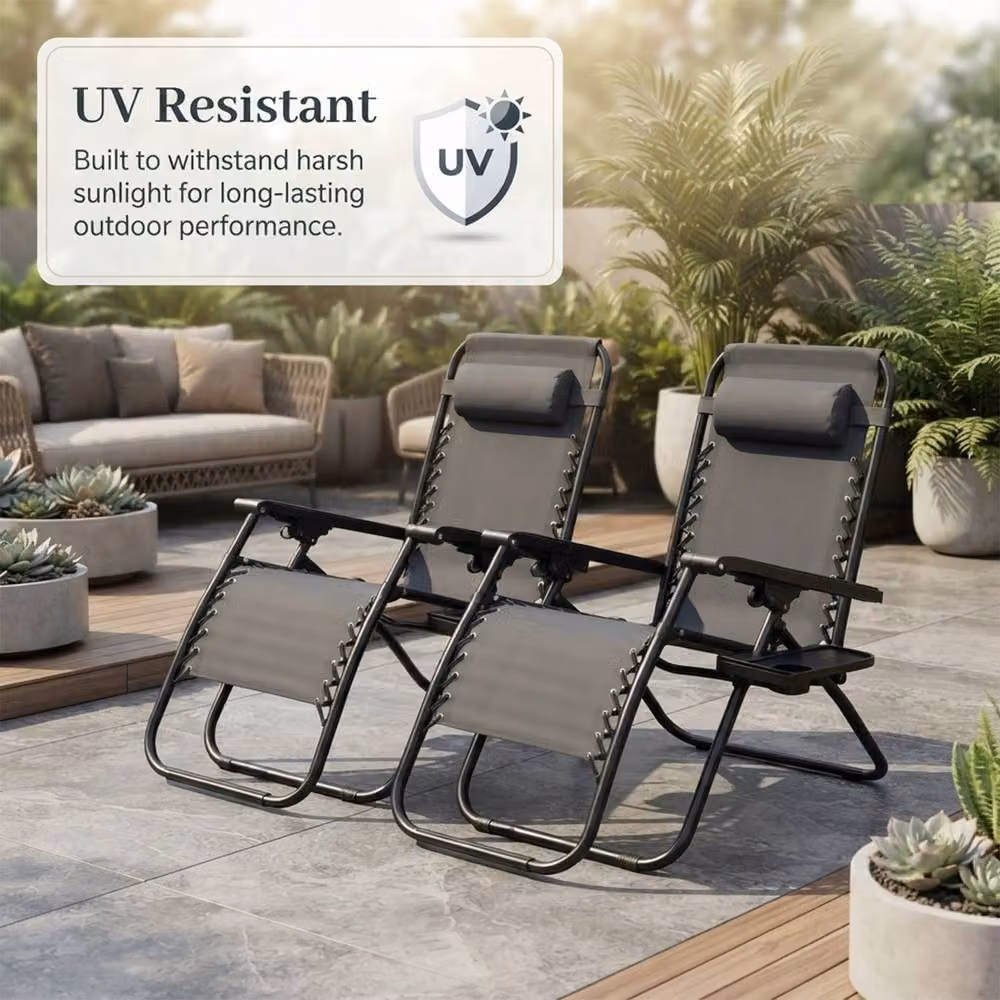 Alivio Set of 2 Heavy-Duty Zero Gravity Reclining Sunloungers in Dark Grey with Adjustable Headrest and Cup Holders – 2