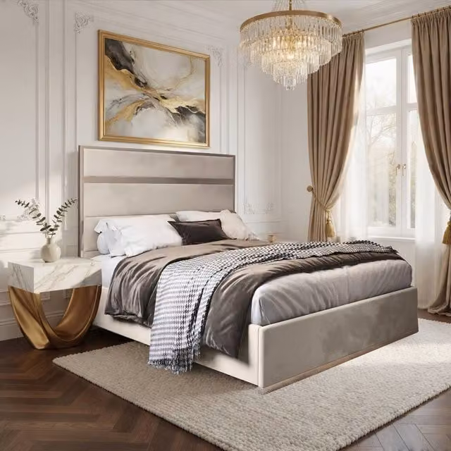 Casani Fladbury King Size Upholstered Velvet Bed Frame in Beige – 1